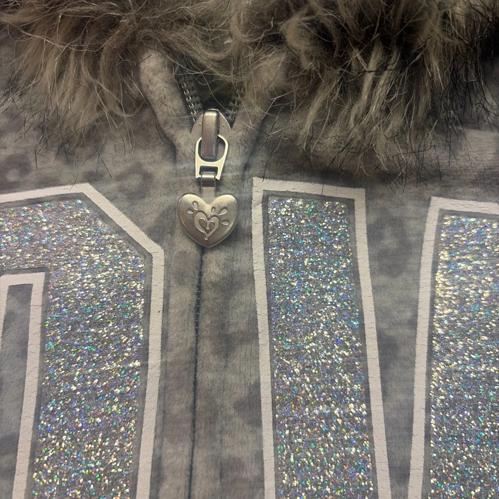 Justice Girls' Grey Leopard Print 'LOVE Justice' Zip Hoodie w Faux Fur Hood 0704